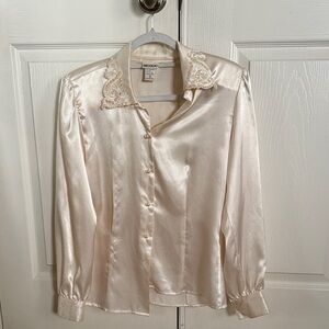 NICOLA Cream Satin Blouse with Embroidered sequence Collar